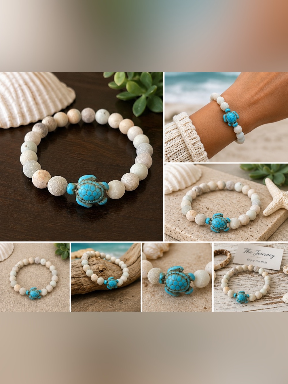 Journey Turquoise Sea Turtle Stretch Bracelet Beach Boho Matte Stone Beadedh